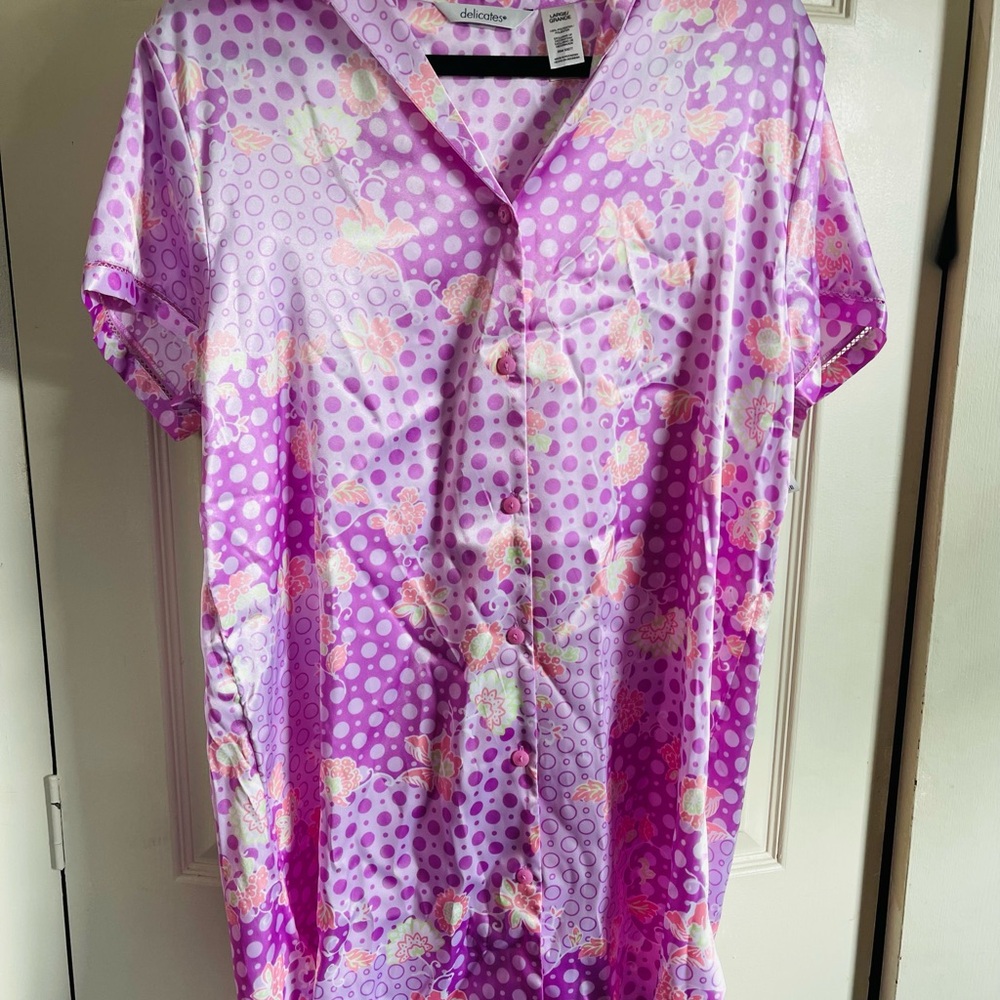 delicates Pink-Purple Floral Satin Sleep Shirt- NWT-large